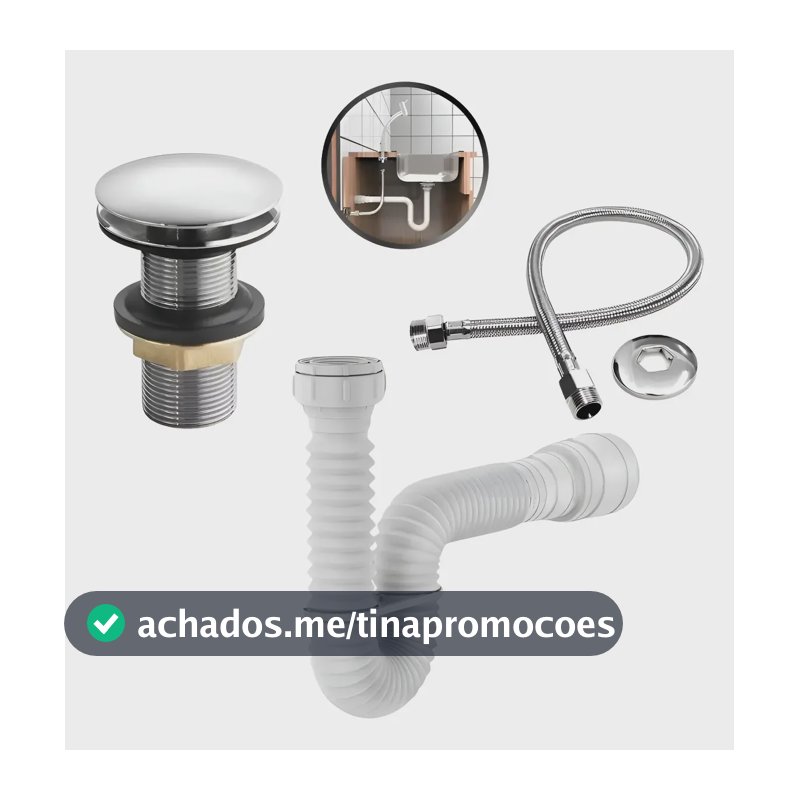 Válvula Click + Engate + Sifão Sanfonado Branco Pia Banheiro Cromado/branco