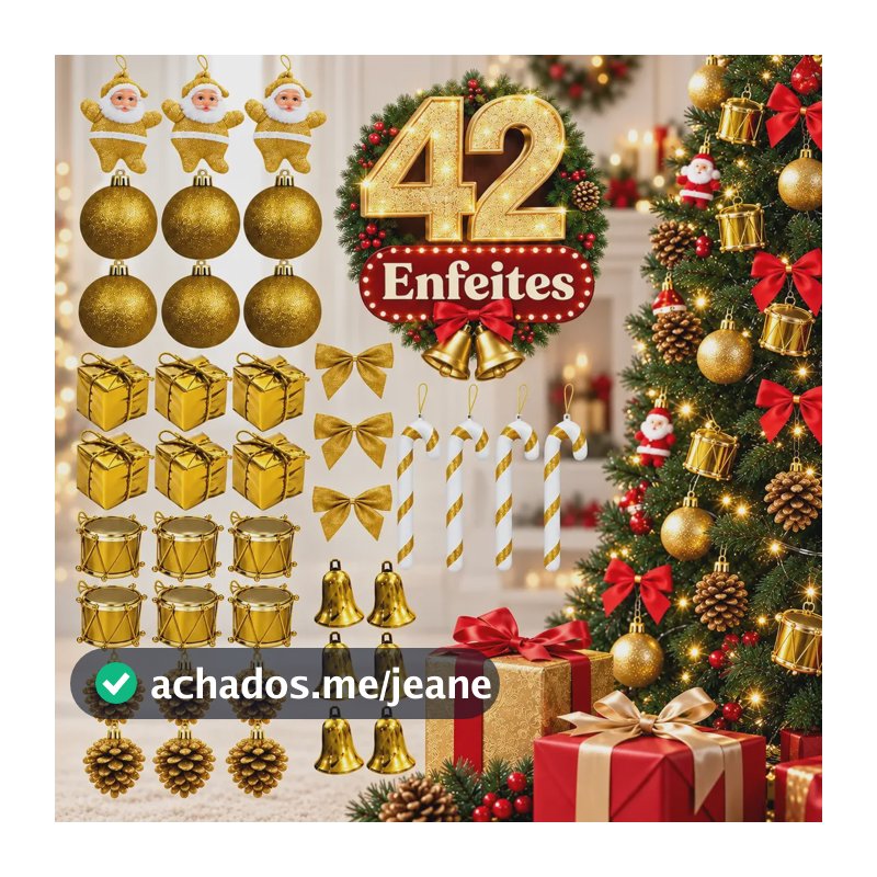 Kit 42 Enfeites Decoração De Natal Árvore Papai Noel 3 Cores Dourado