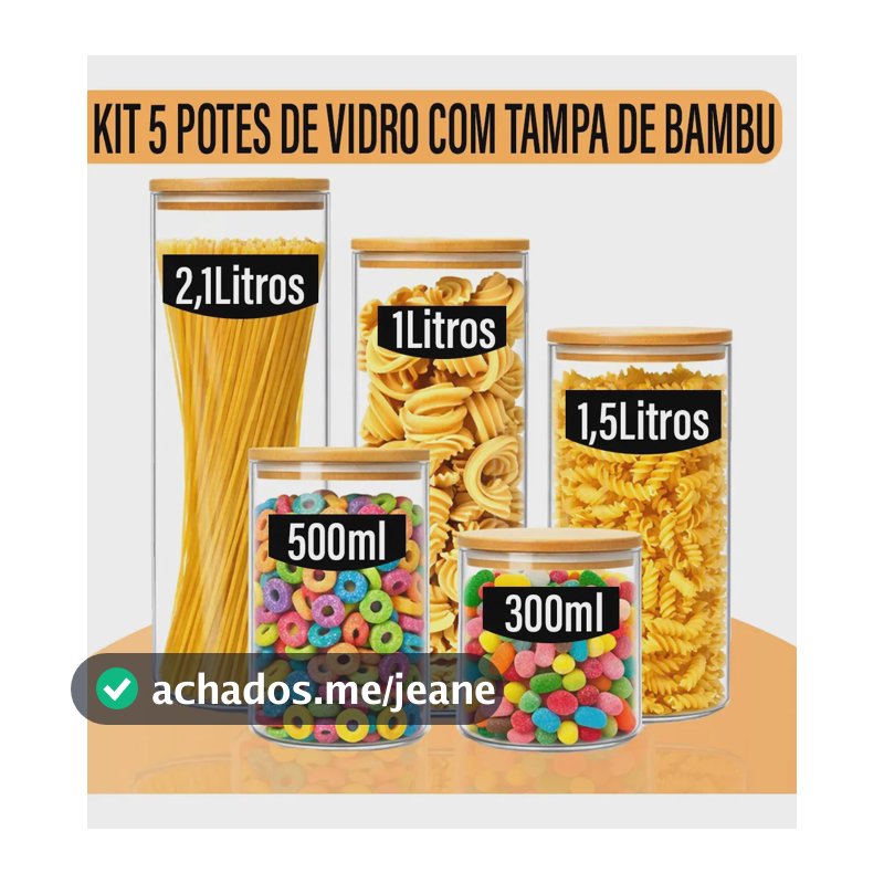 Kit 5 Potes Herméticos de Vidro Yab com Tampa de Bambu para Cozinha e Alimentos