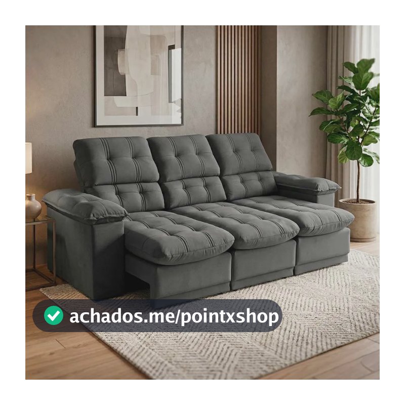 Sofá Retrátil Reclinável Atenas 2,30m Suede Velut Cinza Cinza Cotton