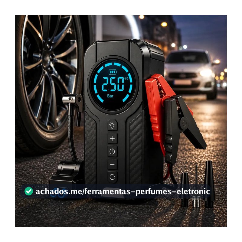 Auxiliar De Partida Bateria Com Compressor De Ar 150 Psi Calibrador Digital De Pneu 12V 4 Em 1 Recarregável Bivolt Inflador Mangueira Para Carro Caminhonete SUV Pickup Emergência Automotiva MidiaFone