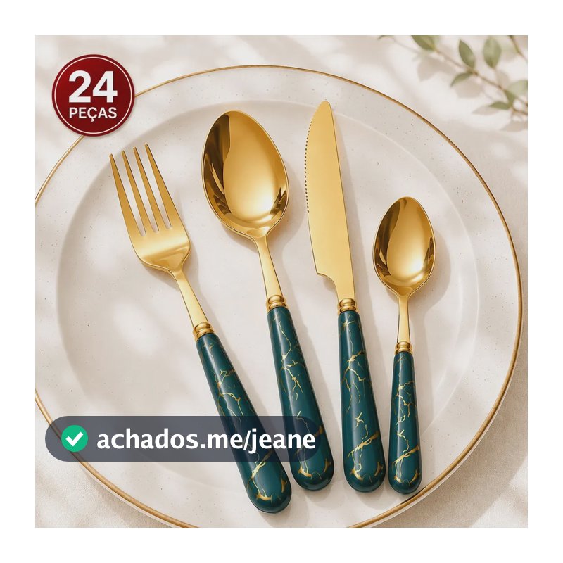 Jogo Talheres Faqueiro Luxo Dourado Aço Inox 24 Peças Cozinha