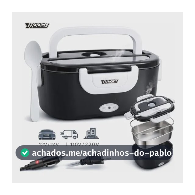 Marmita Elétrica Preta Bivolt Portátil Doméstica 110/220v Veicular 12/24v Lancheira 1.5l Com Divisórias Esquenta Rápido Refeições Práticas Trabalho Casa Carro Caminhão Viagem Faculdade Woosh