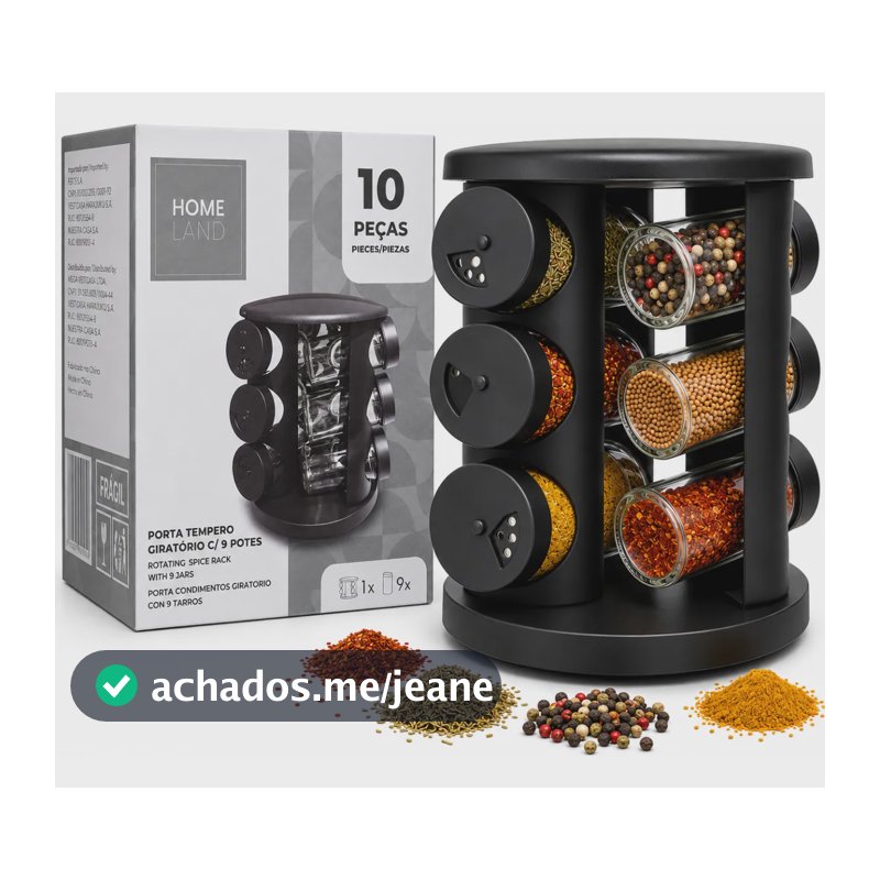 Porta Temperos Condimentos Giratório Preto 9 Potes De Vidro Preto Fosco