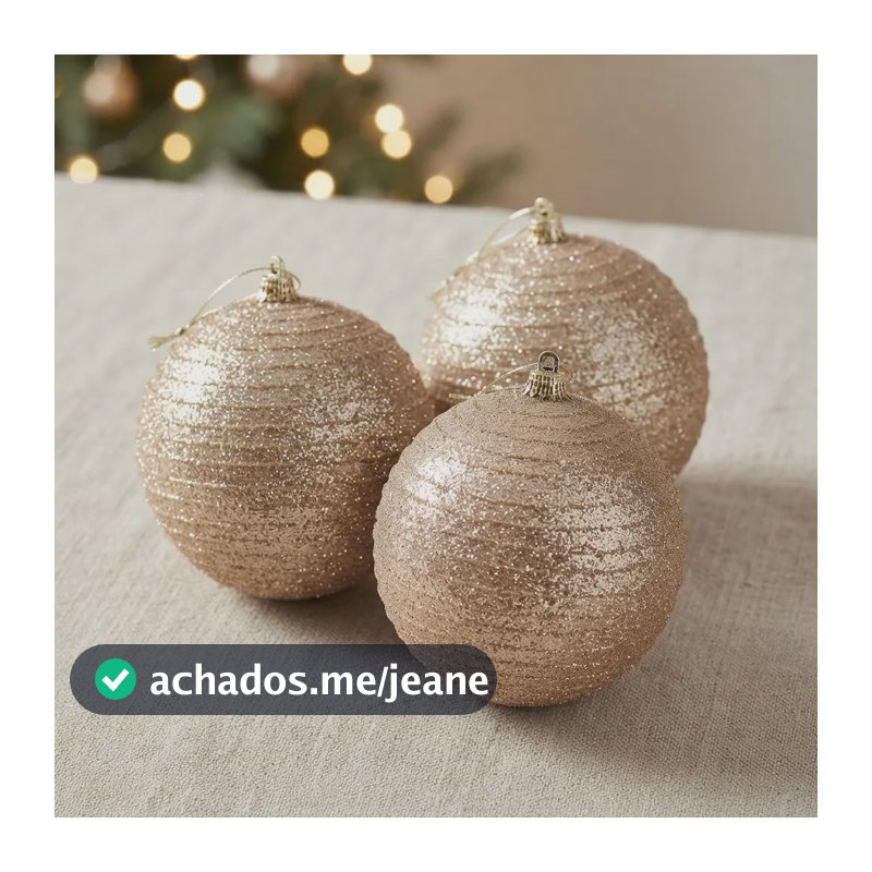 Trio De Bola Decorada Natalina Champagne 10cm Champagne Bola Decorada
