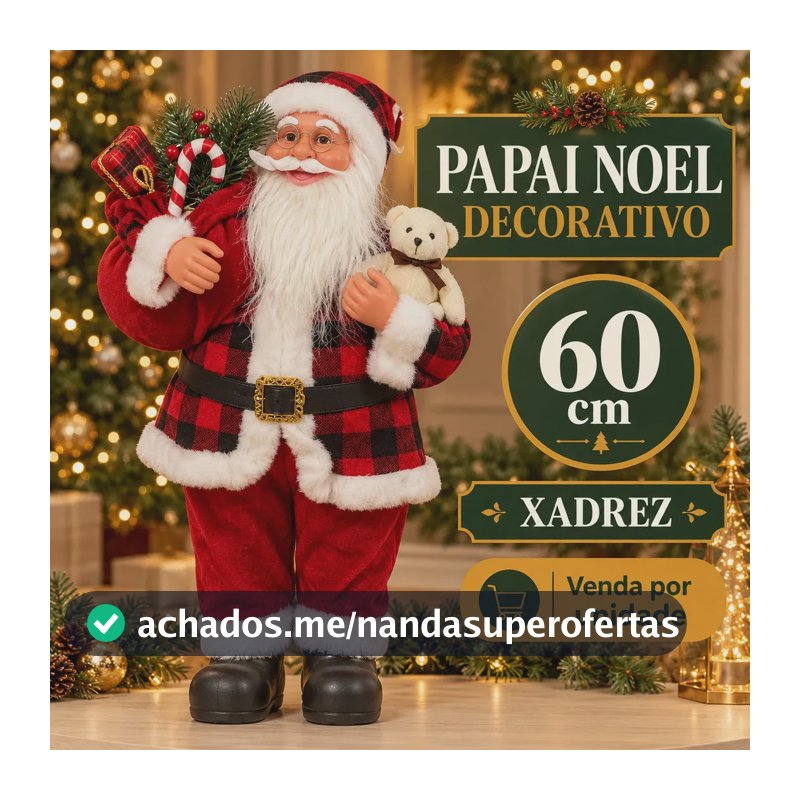 Papai Noel Decorativo 60cm Xadrez Enfeite Decoração de Natal Árvore de Natal Tecido Pelúcia Luxo Grande LuvinCo