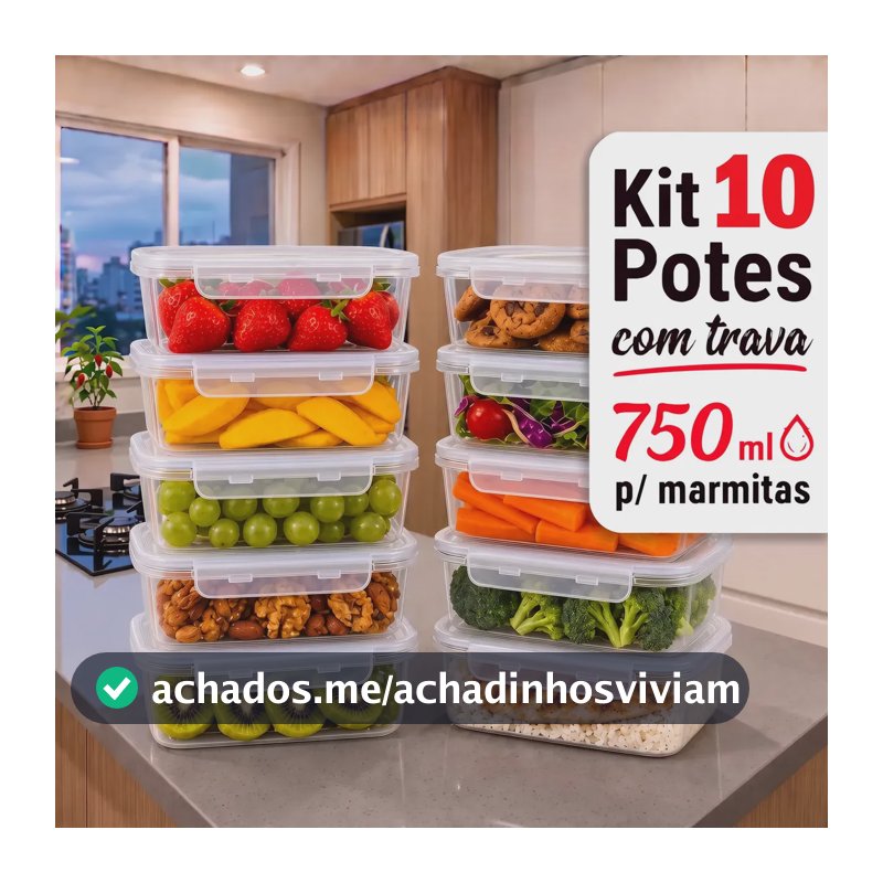Kit 10 Potes 750ml Com Tampa Trava Plástico Transparente Para Mantimentos E Alimentos Marmita Organizador De Cozinha Geladeira E Freezer Jogo De Potes Para Organização Ponte Lar Utilidades