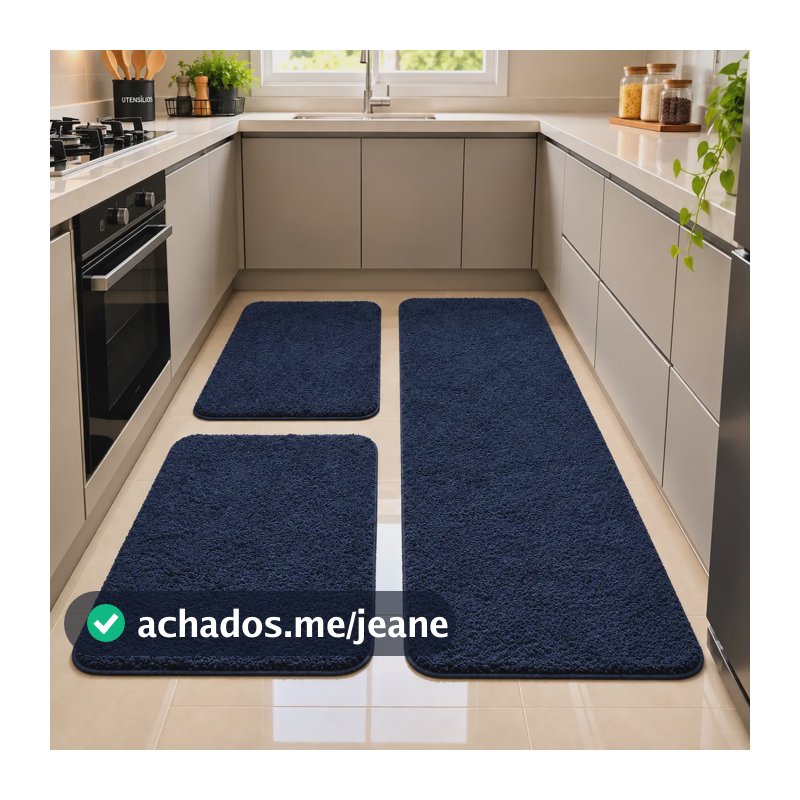 Jogo 3 Peças Tapete Passadeira Cozinha Quarto Soft Algodão 1.2 M 40 Cm Marinho