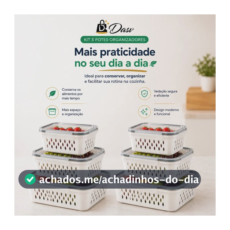Conjunto Kit 6 Organizadores Geladeira Transparente Hermético Escorredor Cesto Frutas Alimentos Verduras Legumes Dasv