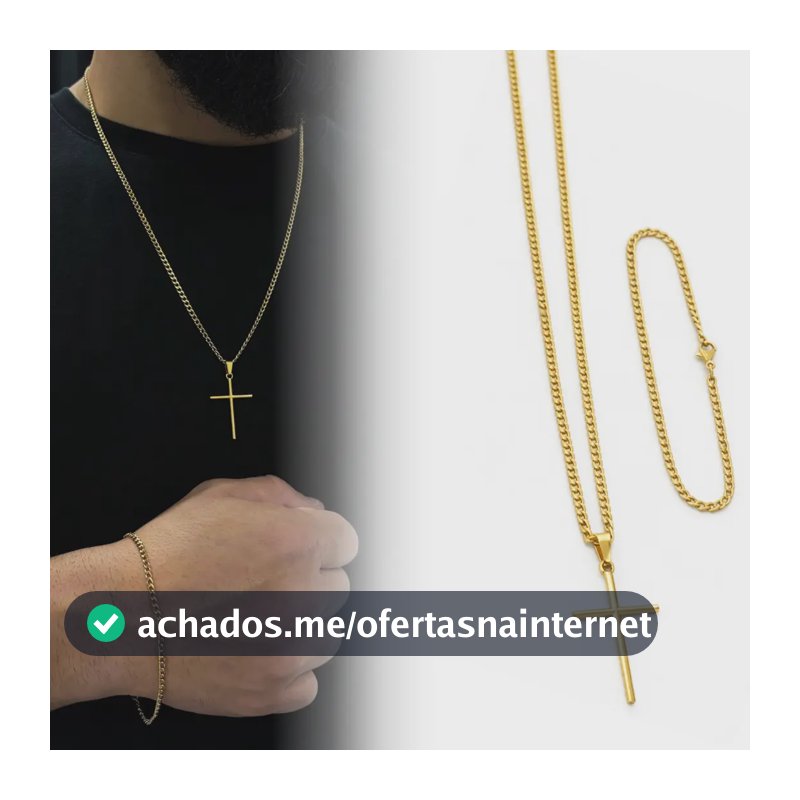 Corrente Cordão Masculino Aço Inox Banhado A Ouro 18k + Pulseira E Pingente Cruz Crucifixo Correntinha Masculina Grumet Gourmet 1x1 Banhada Escama De Peixe Escamada Colar 60cm Inoxidavel Fina 3mm