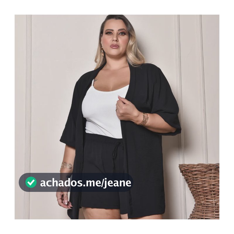 Conjunto Kimono Short Plus Size Verão Moda Gg G1 G2 G3 Praia Preto G3(52)