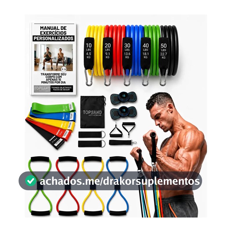 Kit 20 Itens Esportivos Para Treino Em Casa Academia Fitness Funcional Com Elásticos Extensor Puxadores Massageador Faixas Elásticas Mini Band P/ Exercícios Ginástica Fisioterapia Topsand Activewear