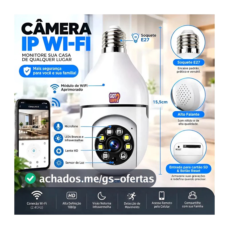 Câmera Lâmpada de Segurança Wifi 360º Infravermelho GotWire IP44 Full Hd 1080p Interna Externa Com Sensor de Movimento Inteligente