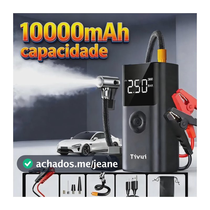 Auxiliar Partida Bateria Portátil Tivui Compressor Power Bank Energia Móvel Multifuncional 4 Em 1 De 10000mah Com Luzes De Emergência De Led