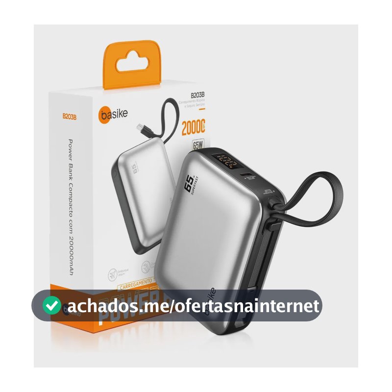 Power Bank Basike 20000mAh para Notebook e Celular com Cabo USB-C 65W