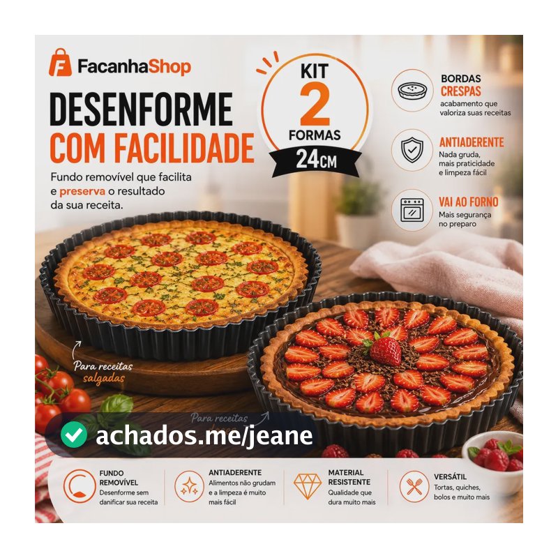 Kit 2 Forma Torta Redonda Crespa Fundo Falso 24cm Teflon Aço Preto
