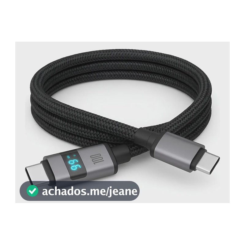 Cabo Carregador Rápido 100w Turbo Mostrador Led Usb Tipo C Preto Visor Led Compativel iPhone 15 16 17 Samsung Xiaomi Poco Motorola Nylon Trançado Reforçado Transmissão De Dados Ultra Rápido