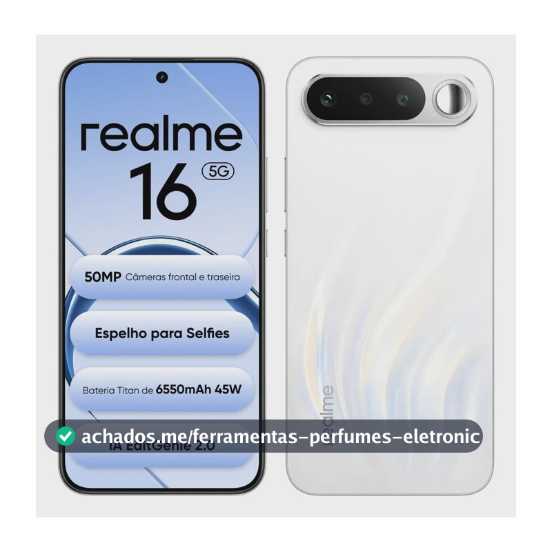 Smartphone Celular Realme 16 5g 256gb 12gb Ram Dual Sim Câmera De 50mp Lumacolor Image Espelho para Selfies Bateria 6550mah, Resistência à água Ip69 Pro, 4200nit Amoled Branco