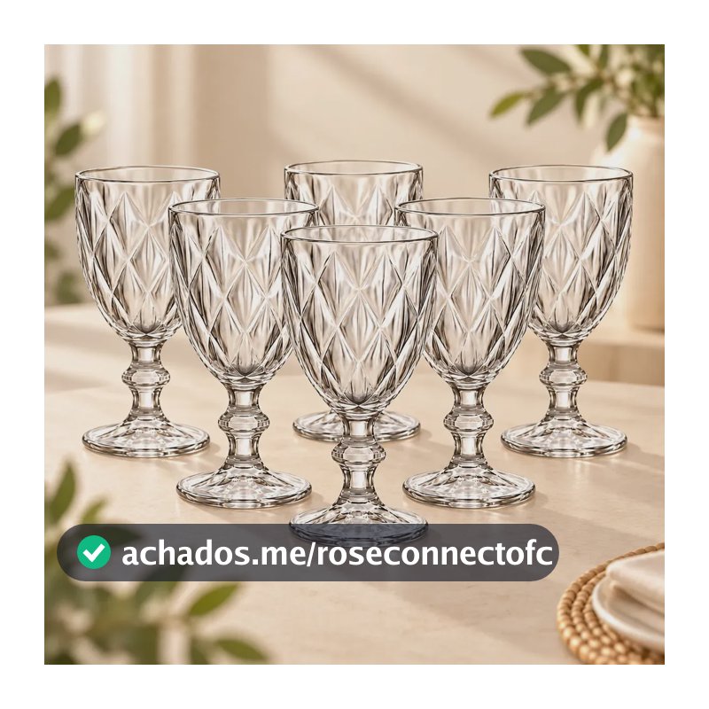 Jogo 6 Taças Vidro Domus Diamond 340ml Transparente Vinho Água