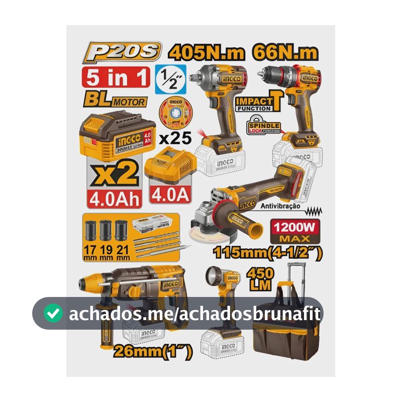 Kit Combo Ingco 20v 5 Ferramentas Com Bolsa E Rodas