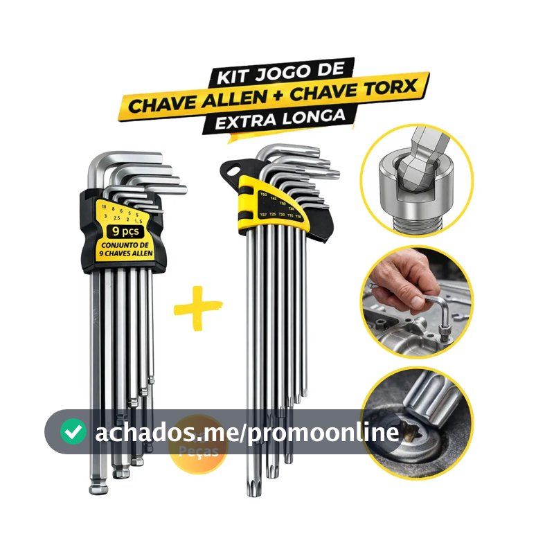 Kit Jogo Chave Allen E Torx Extra Longa 18 Peças Profissional Aço Reforçado Kit Completo