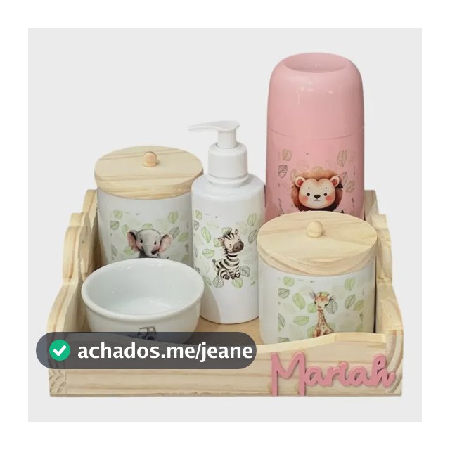 Kit Higiene Bebê Porcelana Safari Bandeja Nome Personalizado