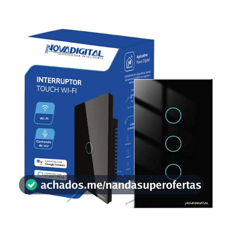 Interruptor Inteligente Wifi Novadigital 3 Teclas Botões Touch Tuya Smart Life Alexa Google 110v 220v Bivolt Preto Lite-ws3