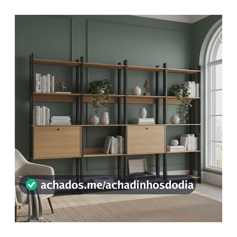 Kit 4 Estantes Para Livros 2 Portas 20 Prateleiras Estilo Industrial Lâmina Mel/preto - Brv Móveis