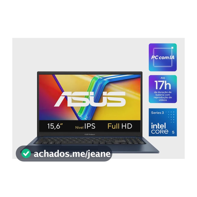 Notebook ASUS Vivobook 15, AI PC, Intel Core 5, 8GB RAM, 256GB SSD, W11 Home, Tela 15.6'' IPS FHD, Quiet Blue - X1504MA-BQ299W