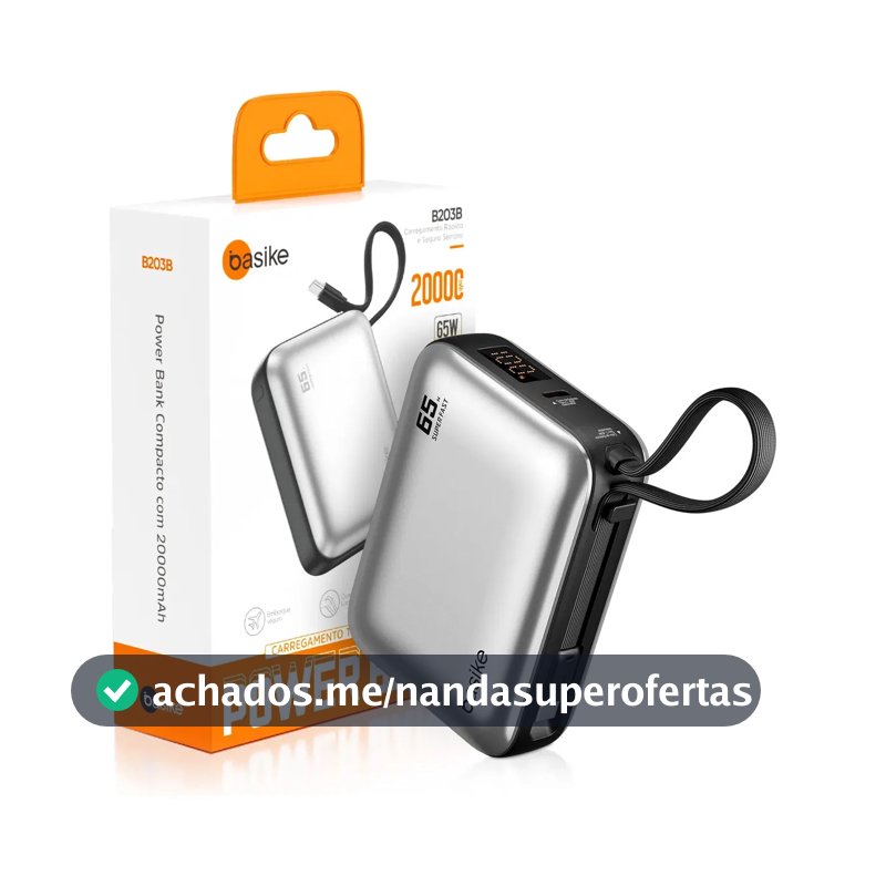 Power Bank Basike 20000mAh para Notebook e Celular com Cabo USB-C 65W