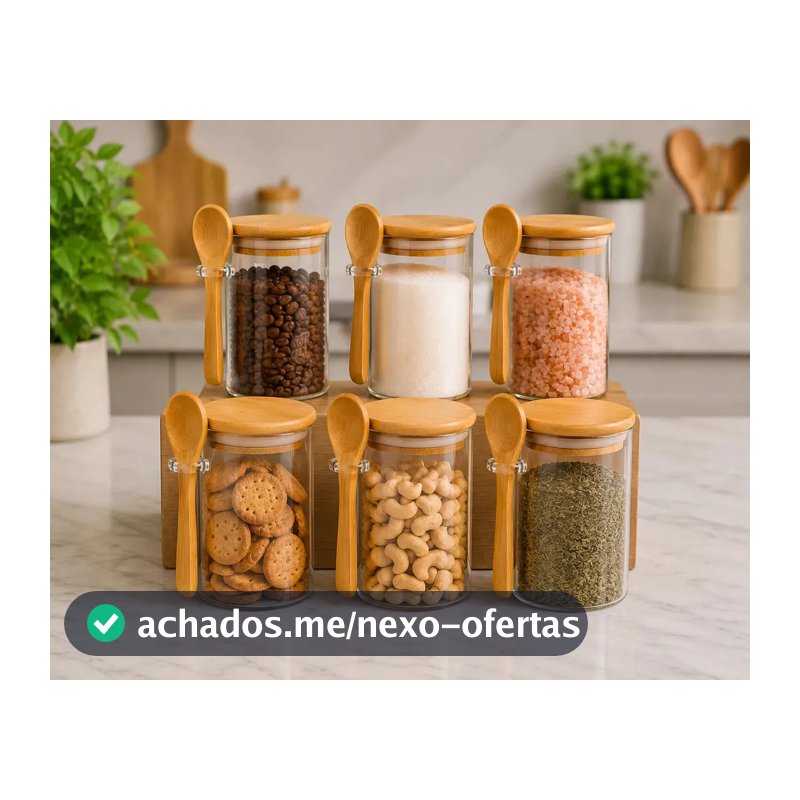 Kit 6 Potes De Vidro Herméticos 200ml Com Tampa De Bambu E Colher Porta Mantimentos Café Açúcar Temperos Grãos Organizadores Cozinha