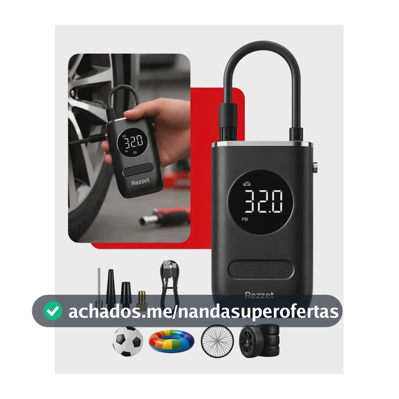Mini Compressor Digital Portátil para Carro Moto e Bicicleta com Calibrador Digital Inflador Elétrico de Pneus LCD Lanterna LED Compacto e Recarregável Preto Marca Rezzet