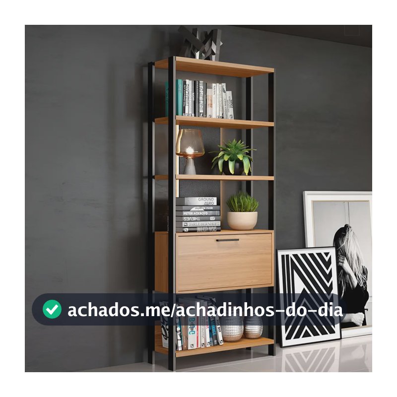 Estante Livreiro Industrial 5 Prateleiras 1 Porta MDF Freijó/Preto