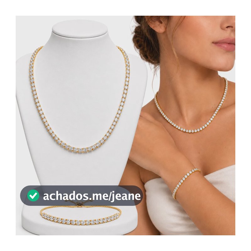 Colar E Pulseira Riviera Cravejadas Folheados A Ouro 18k Dourado