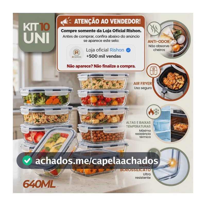Kit 10 Potes Vidro Hermetico Vai Ao Forno Microondas 640ml Marmita Hermético Freezer Fitness Rishon