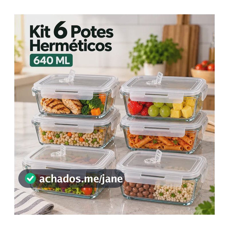 Kit 6 Potes de Vidro Herméticos Borossilicato Com Tampa e Válvula De Respiração 640 ML Para Alimentos Marmita Freezer Microondas Forno Cozinha Organização Livre De BPA Com 4 Travas Super Vedação