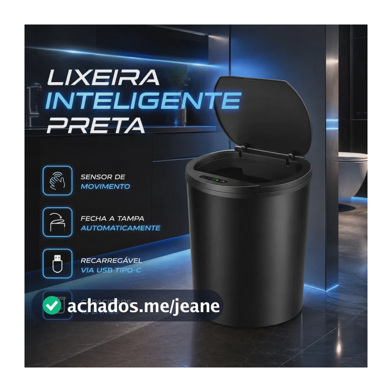 Lixeira Inteligente Automática Preta Universal Com Sensor Recarregável EarMan company Anti Odor 16L Recarregável USB Abre Sozinha