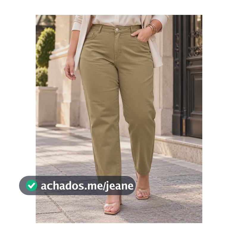 Calça Feminina Mom Reta Plus Size Bolsos Algodão Cos Alto Cáqui 48
