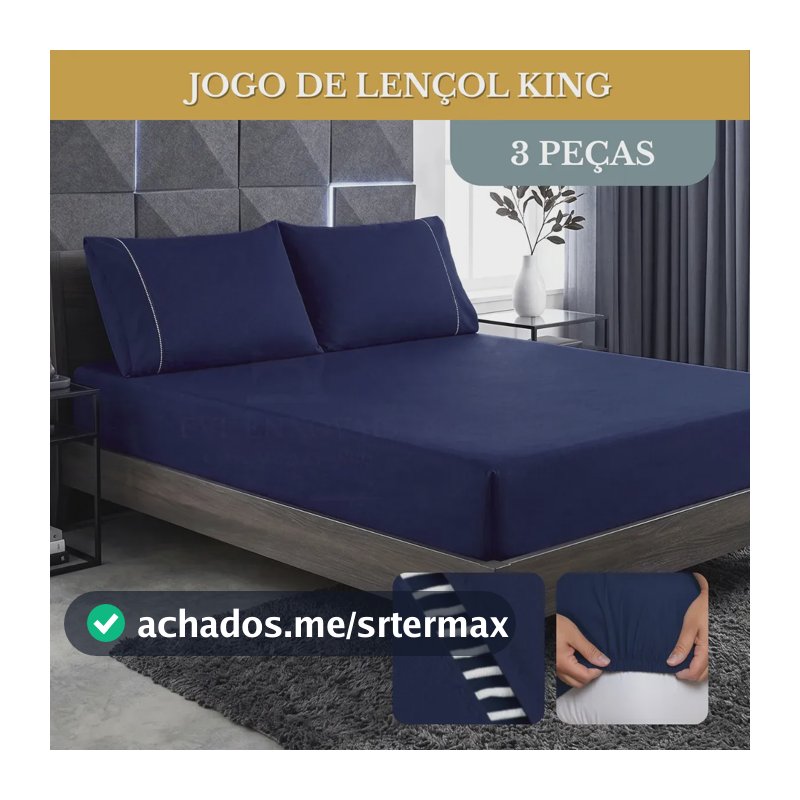 Jogo De Lençol Cama King 03 Peças 400 Fios Ponto Palito Cor Azul-marinho Desenho Do Tecido Lisa