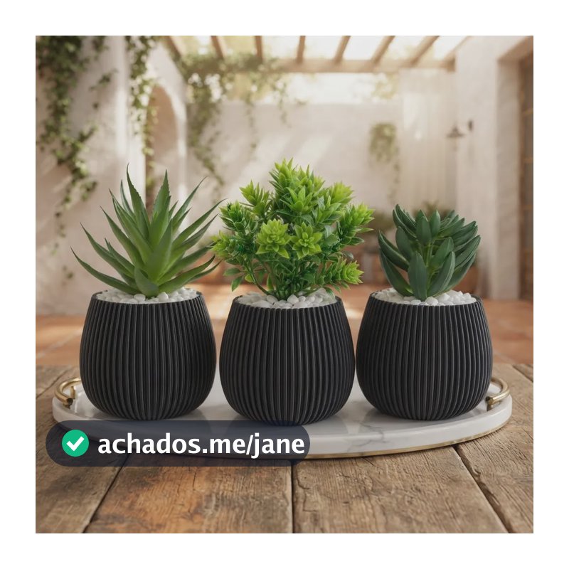 Kit 3 Vasos Oliva Com Suculentas Artificiais Realistas Preto