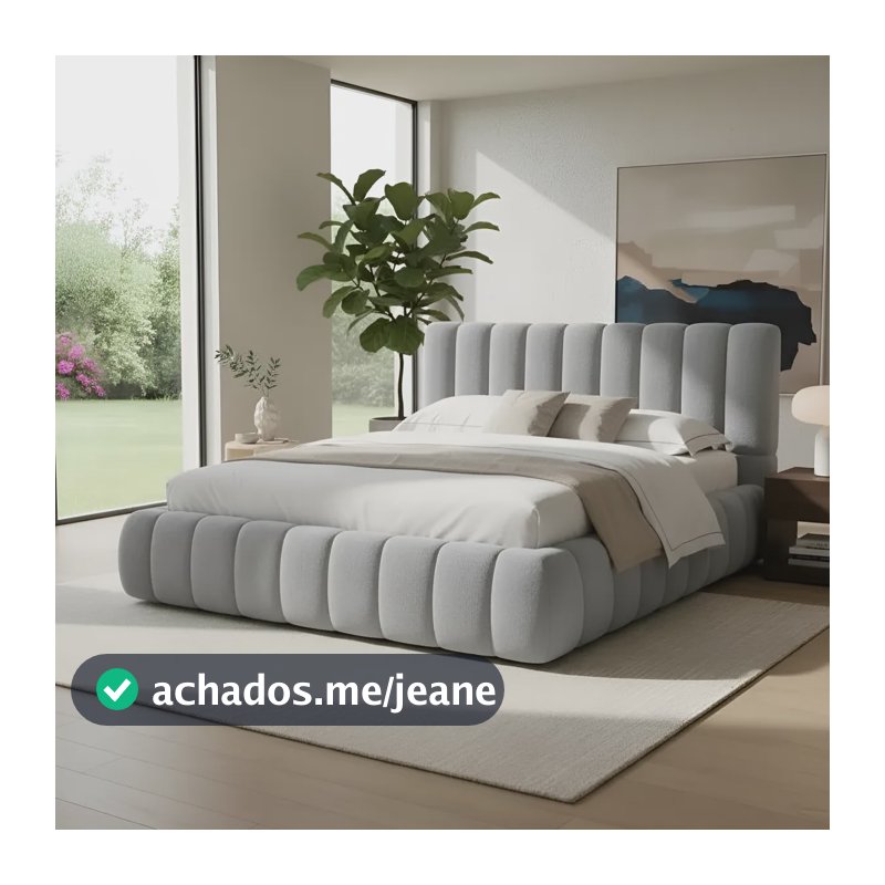 Cama Queen Premium Estofada Cinza Luxo Minimalista Elegante Cinza Linho