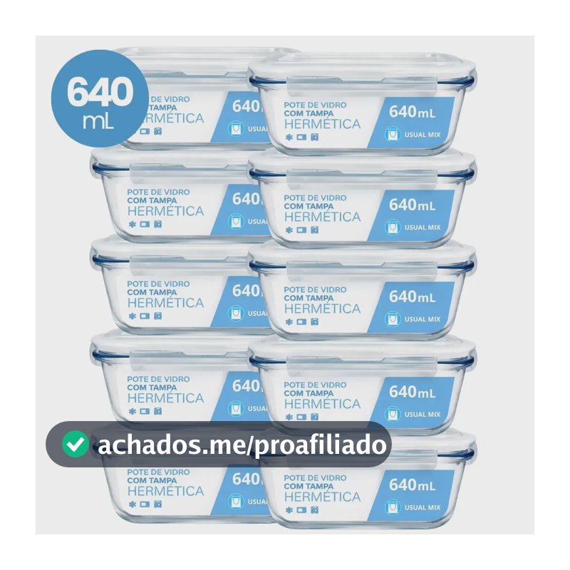 Kit 10 Pote Vidro Hermético Marmita 640ml Micro-ondas Freezer Forno Organização Geladeira