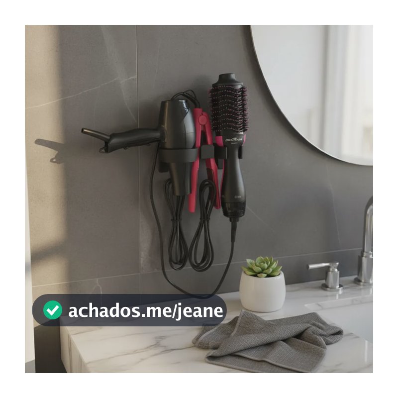 Suporte Parede Secador Prancha Escova Secadora  3 Em 1 Preto