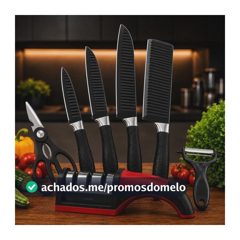 Jogo De Facas E Afiador Inox Profissional De Cozinha 7 Peças Preto