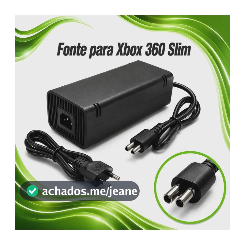 Fonte Para Xbox 360 Slim Bivolt Conector 2 Pinos Com Cabo De Energia - U Maisu