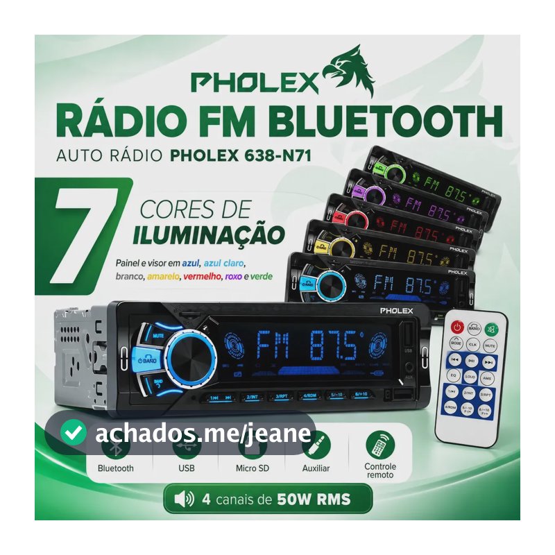 Auto Radio Bluetooth Mp3 Usb 7 Cores Led Automotivo Pholex 4 Canais 50w Potente Pen Drive Leitor De Cartão Sd Entrada Auxiliar