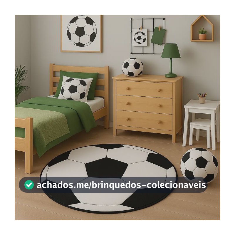 Tapete Pelúcia Quarto Infantil Bola Grande Futebol 1,10cm 1.1 M Preto