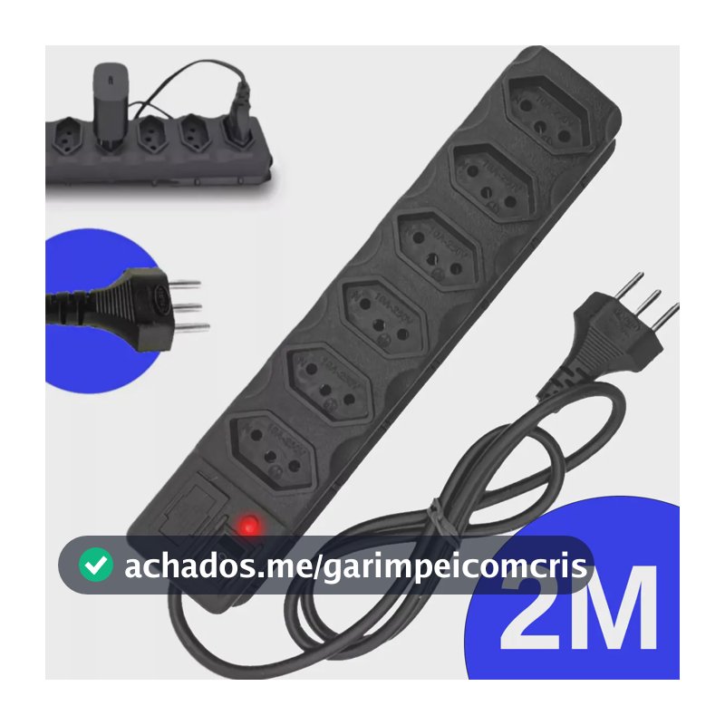 Régua Extensão Elétrica 6 Tomadas Filtro Linha 10a Cabo 2 Metros