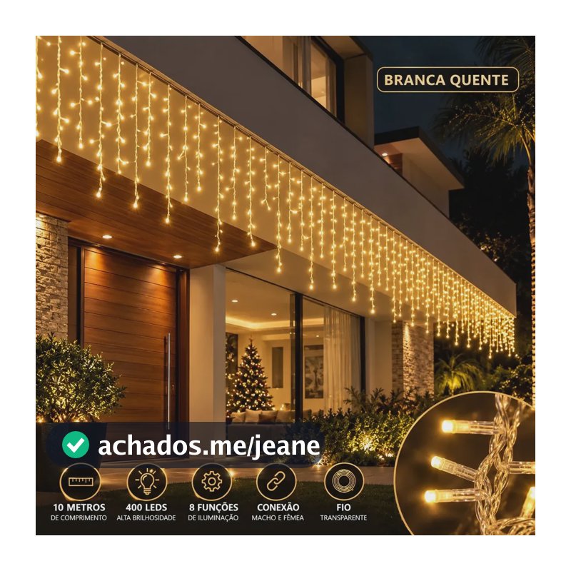 Cascata de Natal 400 Leds 10 Metros Conexão Macho E Fêmea Prova D'água Função Luzes De Natal Pisca Pisca Branco Quente