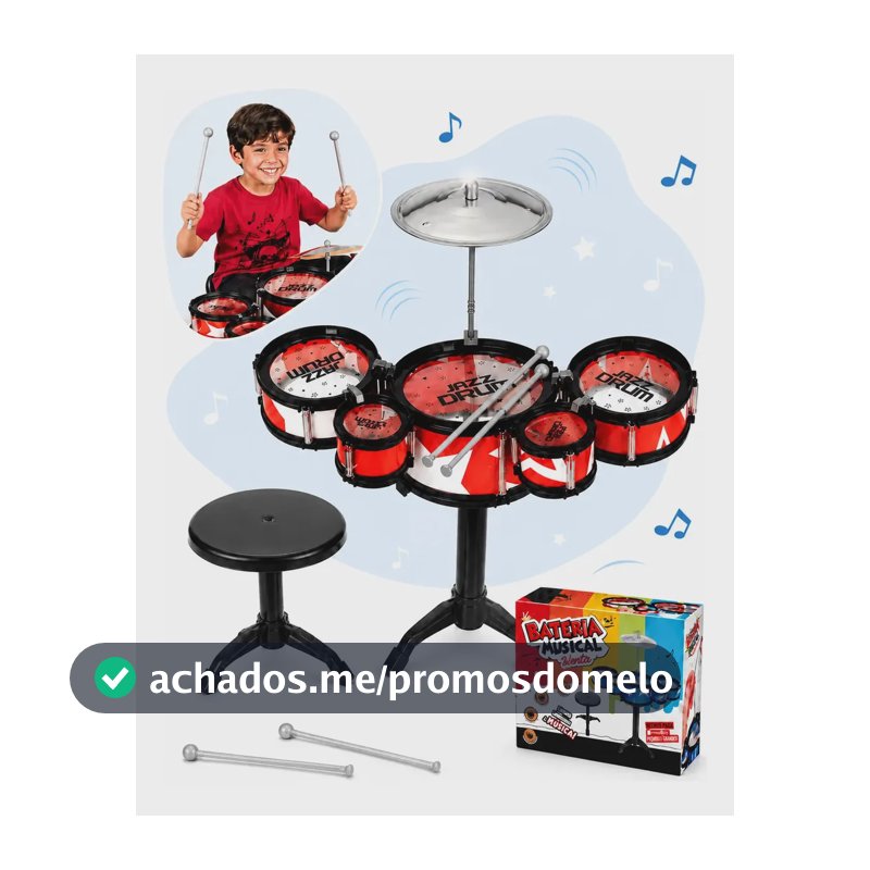 Mini Bateria Infantil Completa Com Banquinho Instrumento 5 Tambores Brinquedo Menino Criança Kizumba